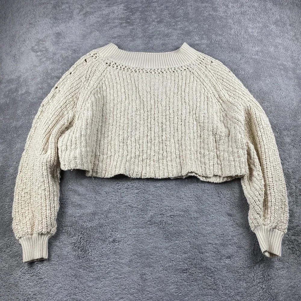 Free People‎ Knit Cropped Sweater Womens Size Small Beige Long Sleeve Pullover